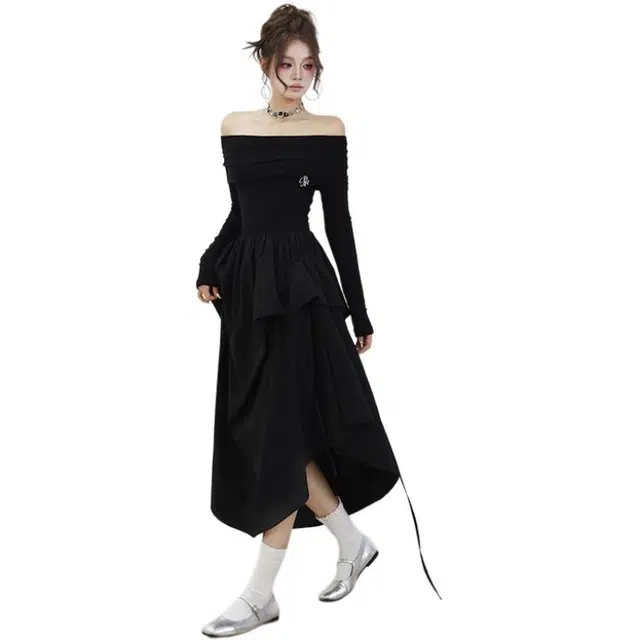 沐晓欣 法式轻奢感时尚休闲设计感一字肩高级感舒适百搭赫本风小礼服长裙长袖连衣裙 女款 黑色