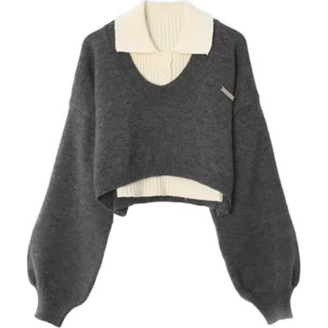 冰淇淋与鲸 美式学院风落肩短款两件套针织衫休闲套装 女款