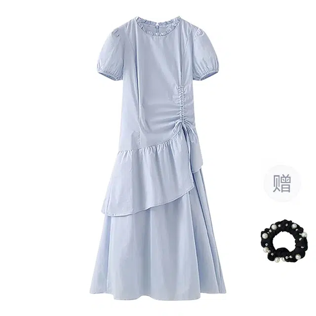 雾闪闪 法式学院风甜美减龄小众设计感抽绳收腰短袖连衣裙 女款