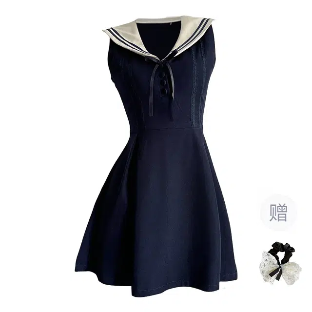 涂诗菲 韩版学院风设计感小众别致海军领短裙修身显瘦气质无袖连衣裙 女款