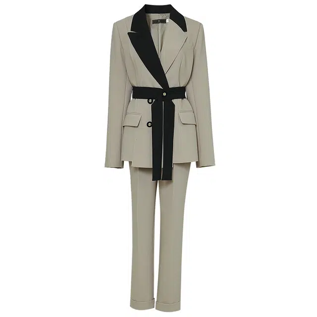 达菲时尚 不对称拼色收腰系带西装长袖拼色直筒长裤休闲套装 女款 路考茶
