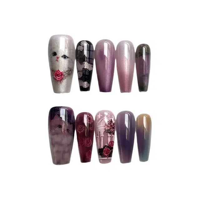 计轩 猫眼温柔小猫咪高级  穿戴甲 梯型中梯悦猫花坊渐变 可爱