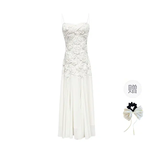 涂诗菲 法式温柔风刺绣立体玫瑰鱼尾裙轻奢气质收腰显瘦无袖吊带连衣裙 女款 白色
