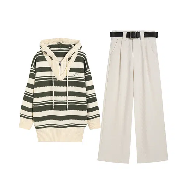 冰淇淋与鲸 拼色条纹兔子长刺绣连帽套头针织毛衣纯色宽松阔腿灯芯绒休闲裤休闲套装 女款