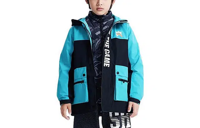 安踏 童装 拼接字母拉链连帽加厚长袖羽绒服 男童 激浪蓝