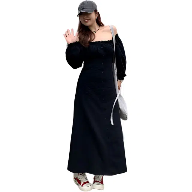 哒头下雨不愁 一字领法式复古气质显瘦裙子长袖连衣裙 女款