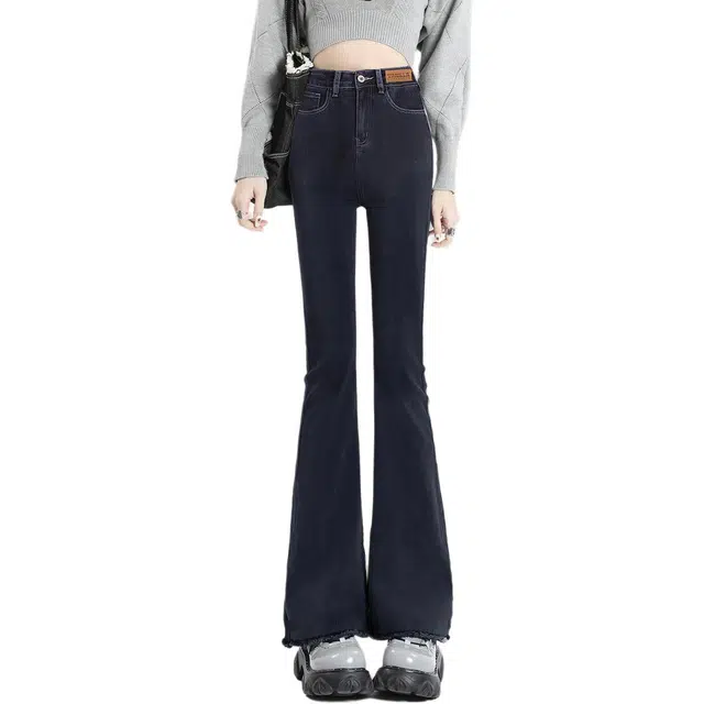 惟熙 高腰小个子显瘦弹力修身喇叭裤牛仔裤 女款 黑灰色