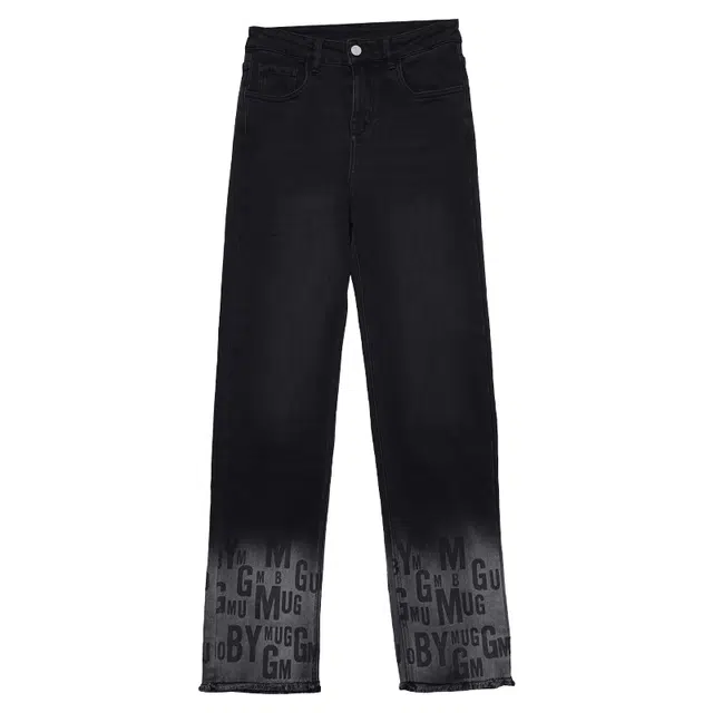 木果果木 美式撞色字母印花中腰百搭直筒牛仔裤 女款 黑色