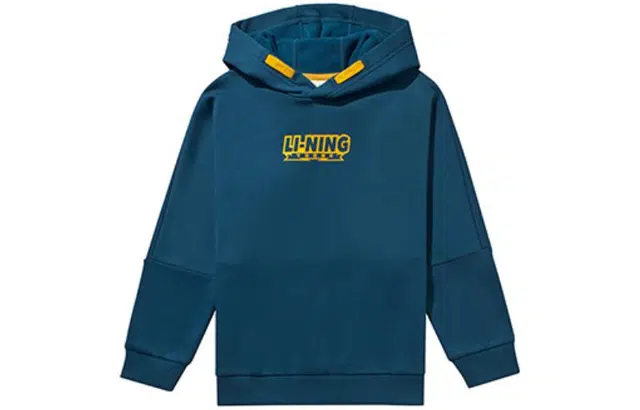 李宁 童装 篮球系列 字母印花连帽套头抓绒卫衣 男童女童 暗海蓝