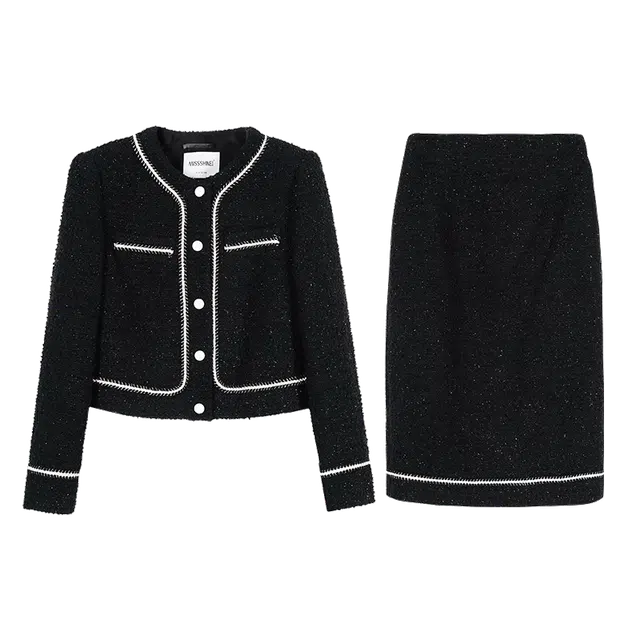 米思阳 小香风单排扣外套细腻柔和半身裙裙装套装 女款 黑色