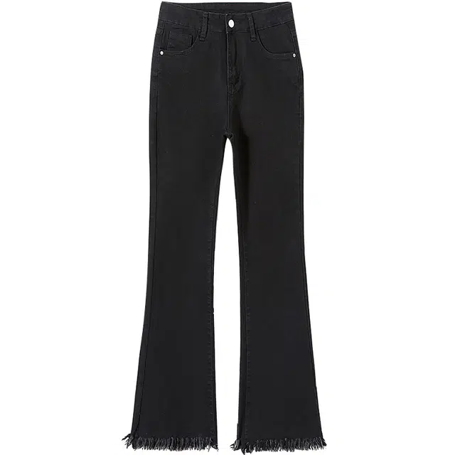 她池 毛边高腰修身多口袋喇叭牛仔裤 女款 黑色