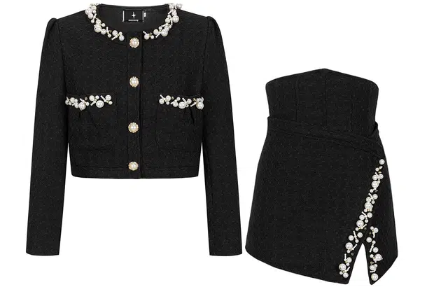 九条喵 小香风珍珠点缀圆领单排扣夹棉外套高腰短款半身裙裙装套装 女款