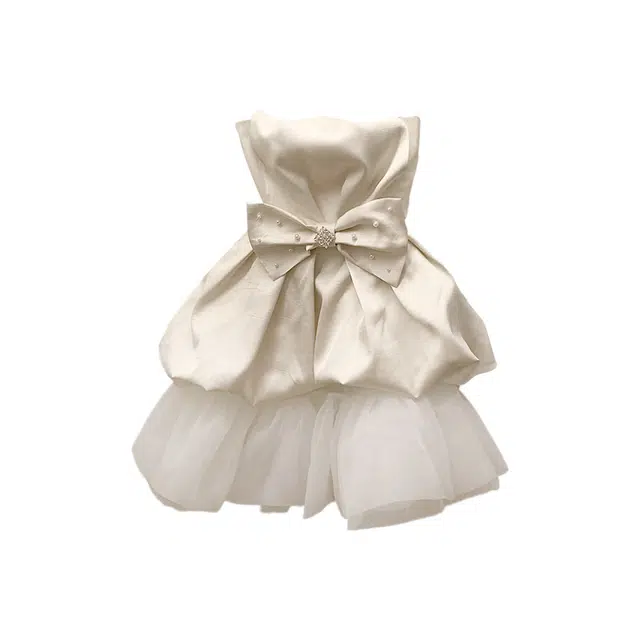 沐晓欣 法式蝴蝶结花苞抹胸小礼裙压褶肌理感设计感高级感无袖连衣裙 女款 杏色