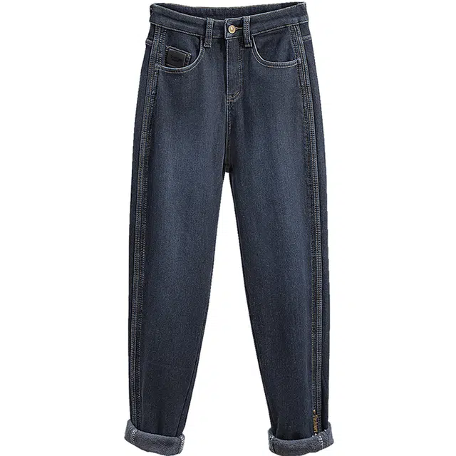 丝柏舍 加绒哈伦水洗简约高腰字母图案长款牛仔裤 女款 深蓝色