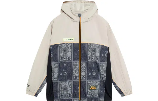 李宁儿童 童装 运动生活系列 撞色宽松连帽运动夹克 男童 灰军绿无界满印拼燕麦灰