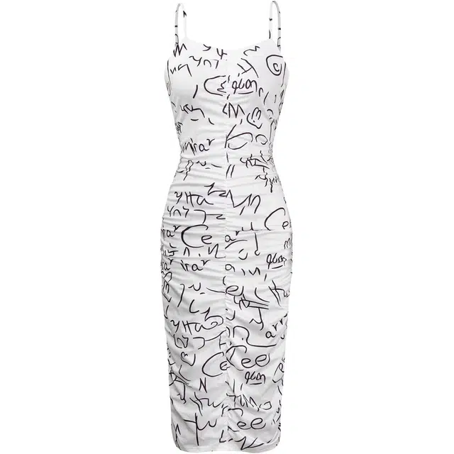 哒头下雨不愁 字母印花褶皱修身包臀裙弹力吊带连衣裙 女款 白色