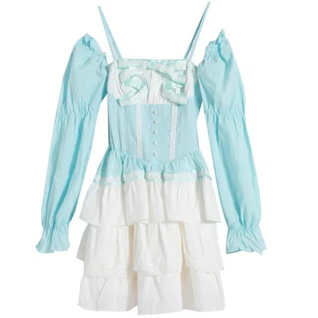 九条喵 温柔甜美收腰气质高级感短款泡泡袖方领长袖连衣裙 女款 蓝色