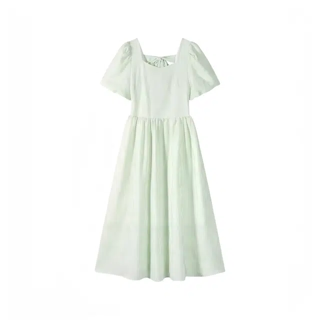 木清清 温柔少女风泡泡袖设计感小众短袖连衣裙 女款 绿色