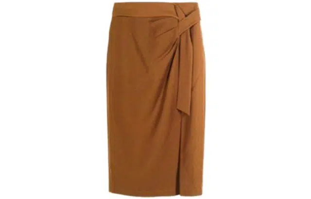 米思阳 休闲通勤纯色褶皱开叉休闲长裙 咖色