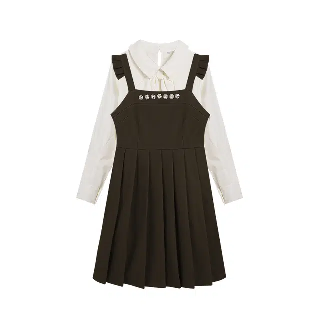 冰淇淋与鲸 学院风背心长袖连衣裙高腰墨背带百褶裙大蝴蝶裙装套装 女款