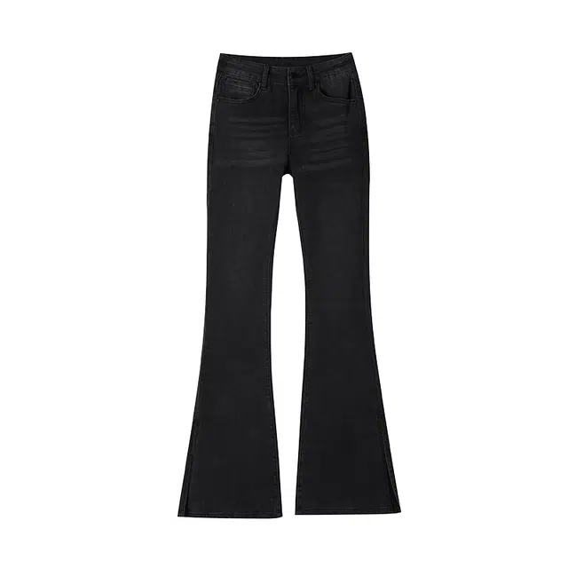 法文箱子 高腰拉链纯色牛仔裤 女款 黑灰色