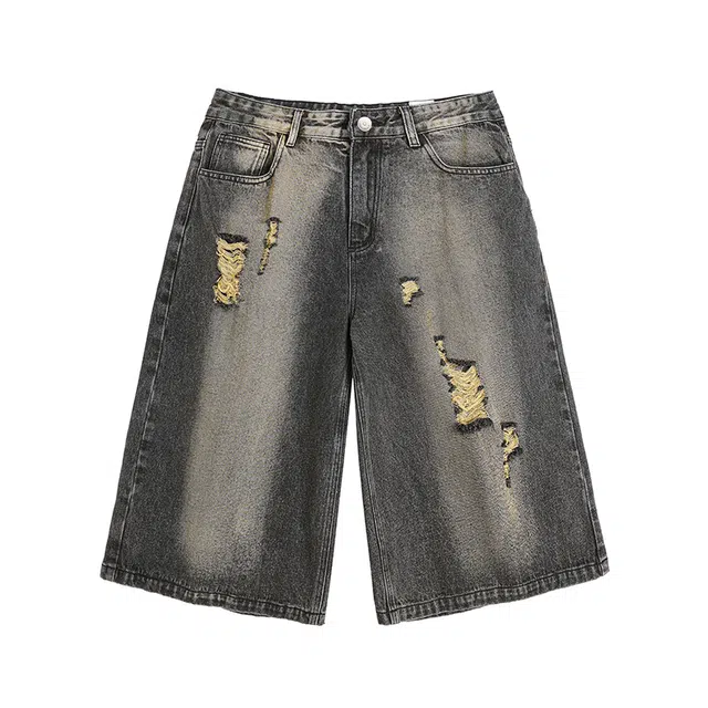 欧路得 美式水洗过膝七分宽松帅炸街工装阔腿牛仔短裤 男款