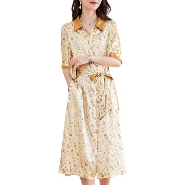 水墨佳人 显瘦简约通勤短袖连衣裙 女款 香槟色