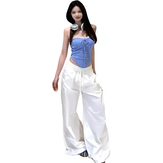 敲模女孩 甜酷风复古格子无袖抹胸修身上衣高腰宽松阔腿裤休闲套装 女款