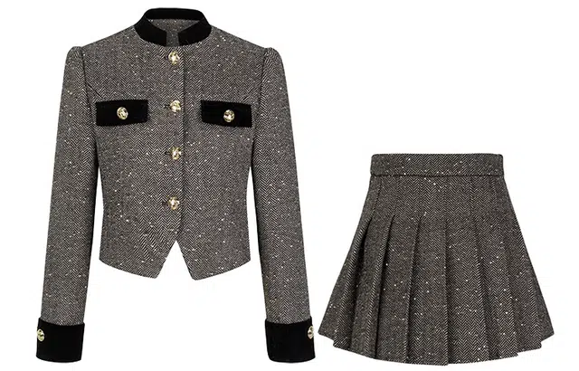 九条喵 拼色细闪立领单排扣短款外套人字纹高腰百褶半身裙裙装套装 女款