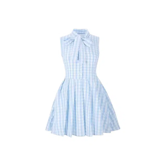 怪力萝莉 法式甜美蓝色无袖格子女夏蝴蝶结气质百褶短裙吊带连衣裙 女款