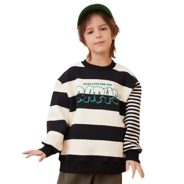 十月妈咪 时尚柔软亲肤轻盈百搭条纹卫衣 黑白条 中小童
