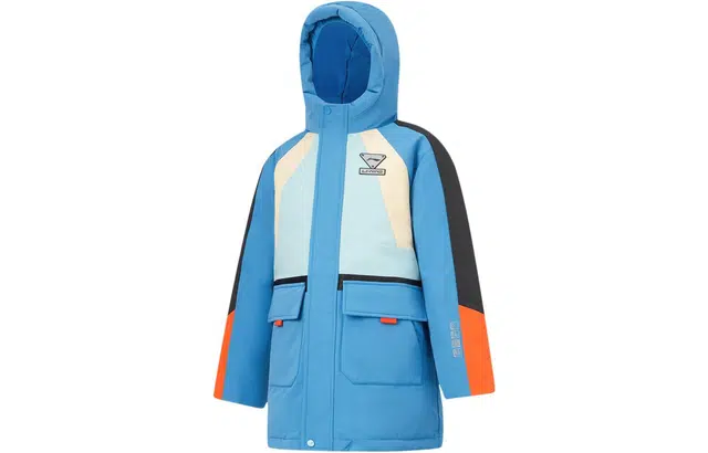 李宁儿童 童装 户外系列 拼接字母拉链连帽羽绒服 男童 岩灰蓝淡水蓝雾卡其