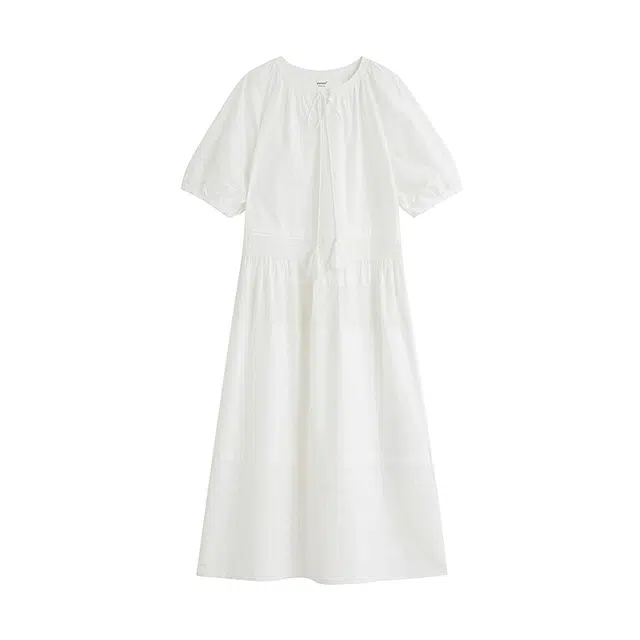 茵曼 法式纯棉府绸镂空刺绣度假绑带长袖连衣裙 女款 珍珠白