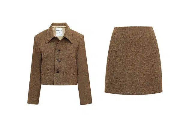 小小拉 纯色羊毛短裤大衣高腰短裙裙装套装 女款 棕色