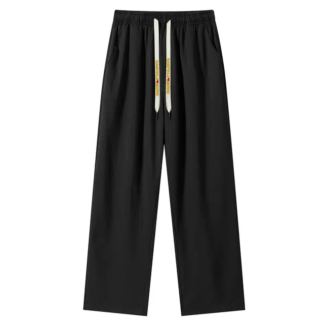 加菲猫家族 冰丝凉感透气速干纯色简约经典基础款宽松垂坠感直筒百搭系带拖地裤松紧中腰青春活力九分休闲裤 男女同款