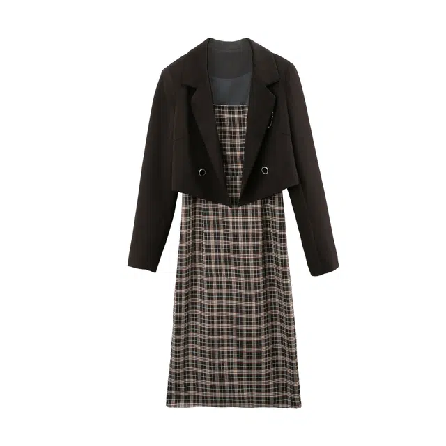 苏醒的乐园 纯色西装领外套修身格纹高腰吊带连衣裙裙装套装 女款 黑色
