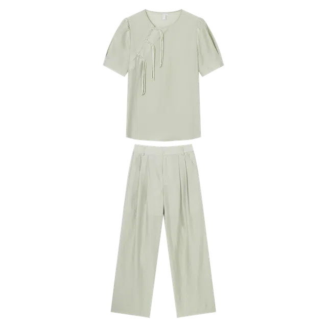 对白 新中式弧形珠扣上衣直筒长裤分体套装 女