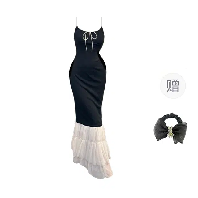 雾闪闪 时尚舒适百搭吊带连衣裙 女款 （黑色+发圈）买赠