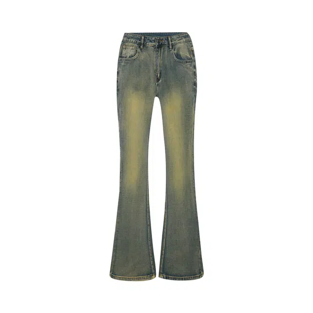 麓蔓蒂 美式复古做旧黄泥水洗显瘦时髦辣妹微喇叭拖地牛仔裤 女款 古铜色