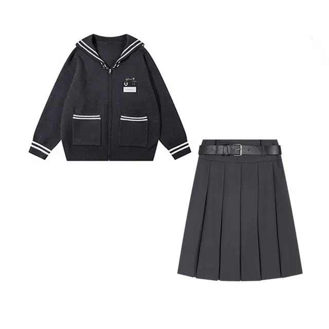 冰淇淋与鲸 海军领拉链针织衫纯色含腰带半身裙休闲套装 女款