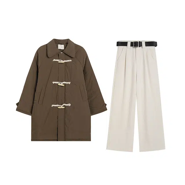 冰淇淋与鲸 中长款纯色牛角扣外套翻领过膝保暖面包服灯芯绒长裤休闲套装 女款