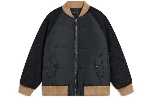 李宁儿童 运动生活系列 撞色宽松仿羊羔绒运动夹克 儿童款 黑色