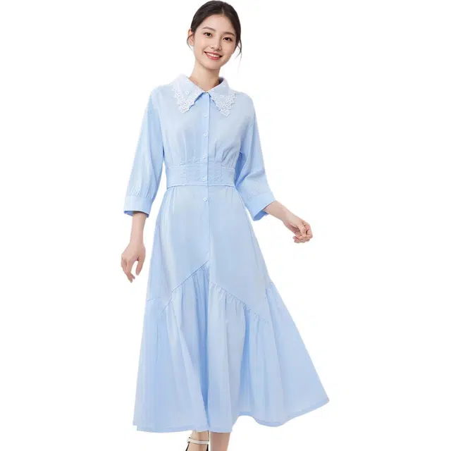 爱依服 纯色翻领舒适七分袖长袖连衣裙 女款