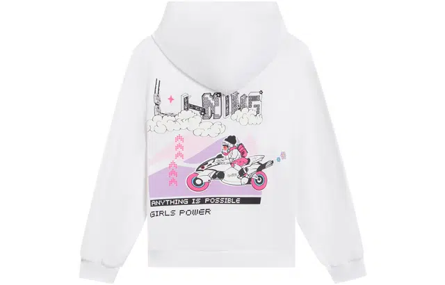 李宁儿童 童装 运动生活系列 背面卡通图案印花宽松连帽长袖卫衣 女童 白色