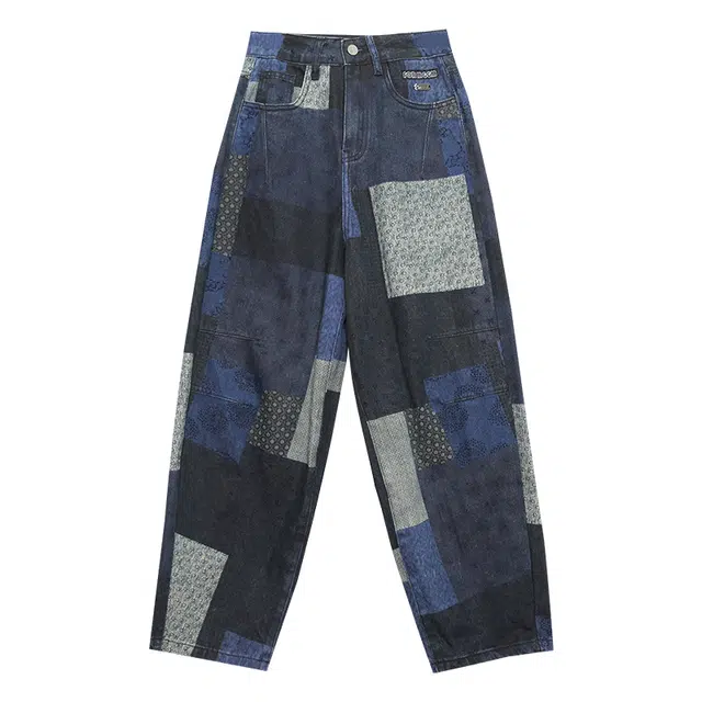 木果果木 拼接高腰宽松哈伦长裤牛仔裤 女 蓝色