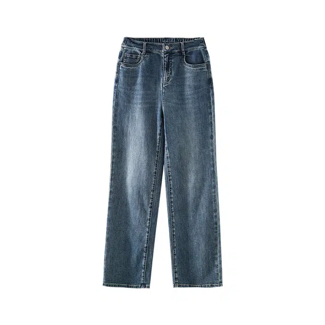 娅丽达 水洗高腰拉链宽松阔腿直筒牛仔裤 女款