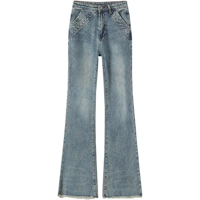 她池 港风修身设计感毛边牛仔裤 女款 复古浅蓝