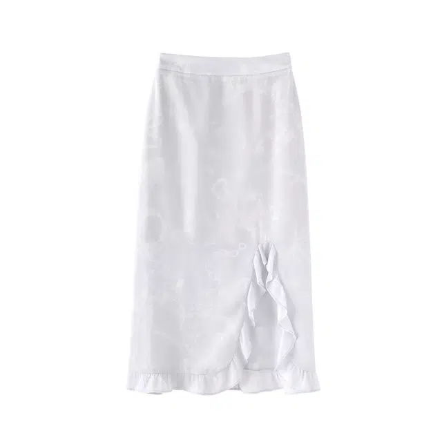 花栗鼠小姐 小漫春曲 温柔优雅植物花卉晕染荷叶边直筒开叉松紧腰显瘦休闲长裙 女款