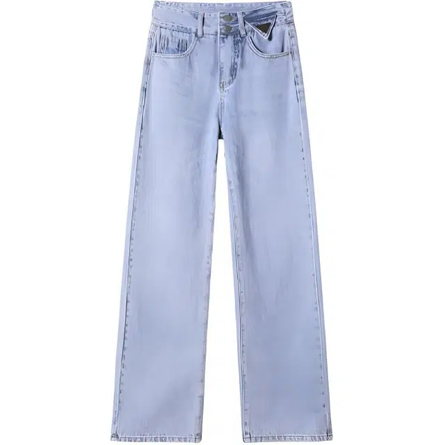 法文箱子 高腰直筒拉链牛仔裤 女款 浅蓝色