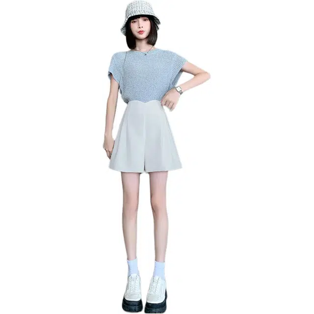 水中花 纯色高腰宽松阔腿休闲短裤 女款